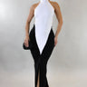Sculpted Illusion Ruched Halter Maxi Dress - White/Black close up detail of halter design and fabric