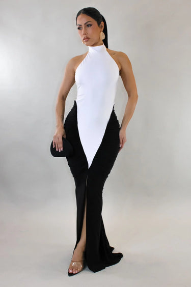 Sculpted Illusion Ruched Halter Maxi Dress - White/Black front view showing full-length maxi silhouette