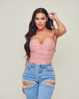 Sculpted Muse Ruched Mesh Bodysuit - Mauve - Palazzo Couture Online