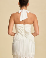 Sculpted Pleats Halter Mini Dress White - Palazzo Couture Online