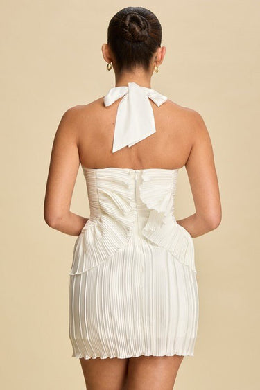 Sculpted Pleats Halter Mini Dress White - Palazzo Couture Online