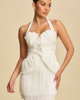 Sculpted Pleats Halter Mini Dress White - Palazzo Couture Online