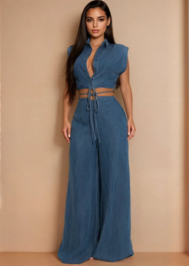 Sculpted Wrap Denim Pant Set - Denim - Palazzo Couture Online
