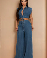 Sculpted Wrap Denim Pant Set - Denim front view showing complete two piece pant set