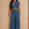 Sculpted Wrap Denim Pant Set - Denim front view showing complete two piece pant set