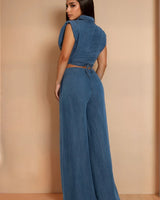 Sculpted Wrap Denim Pant Set - Denim close up of denim top design and fabric detail