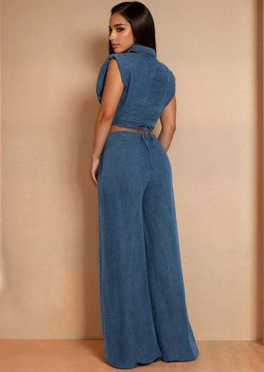 Sculpted Wrap Denim Pant Set - Denim close up of denim top design and fabric detail