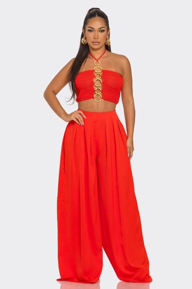 Sea Goddess 2PC Halter and Wide Leg Pant Set Orange - Palazzo Couture Online