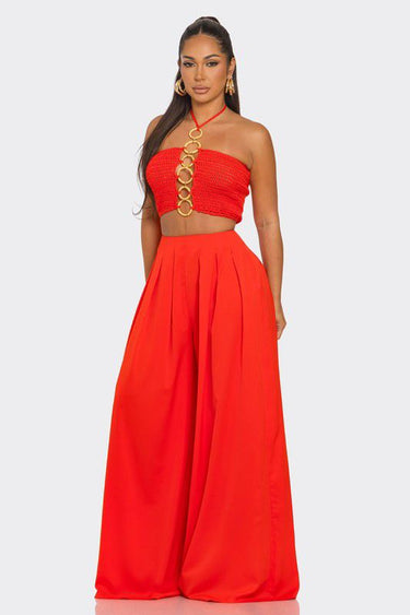Sea Goddess 2PC Halter and Wide Leg Pant Set Orange - Palazzo Couture Online