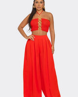 Sea Goddess 2PC Halter and Wide Leg Pant Set Orange front view showing complete two piece pant set