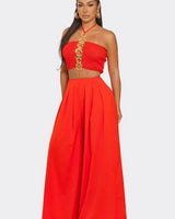 Sea Goddess 2PC Halter and Wide Leg Pant Set Orange side view showing pants silhouette and fit