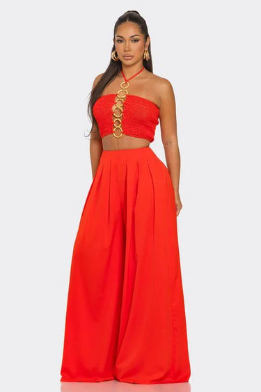 Sea Goddess 2PC Halter and Wide Leg Pant Set Orange side view showing pants silhouette and fit