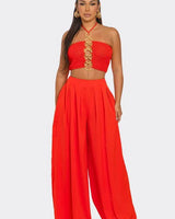 Elegant Orange wide leg two piece pant set styled for going out