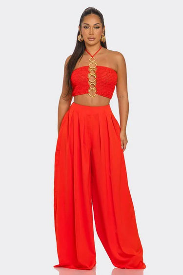 Elegant Orange wide leg two piece pant set styled for going out
