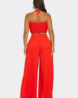 Sea Goddess 2PC Halter and Wide Leg Pant Set Orange close up of wide leg top design and fabric detail