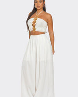 Sea Goddess 2PC Halter and Wide Leg Pant Set White - Palazzo Couture Online