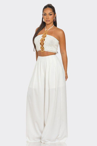 Sea Goddess 2PC Halter and Wide Leg Pant Set White - Palazzo Couture Online