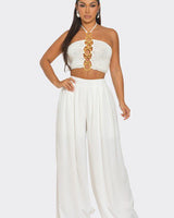 Sea Goddess 2PC Halter and Wide Leg Pant Set White - Palazzo Couture Online
