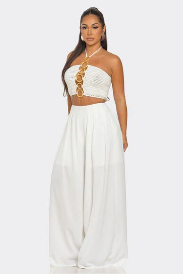 Women's White pant set wide leg style back view