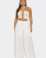 Sea Goddess 2PC Halter and Wide Leg Pant Set White front view showing complete two piece pant set