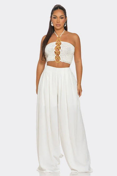 Sea Goddess 2PC Halter and Wide Leg Pant Set White front view showing complete two piece pant set