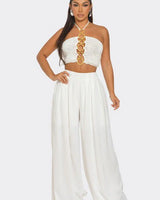 Sea Goddess 2PC Halter and Wide Leg Pant Set White side view showing pants silhouette and fit
