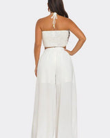 Sea Goddess 2PC Halter and Wide Leg Pant Set White close up of wide leg top design and fabric detail
