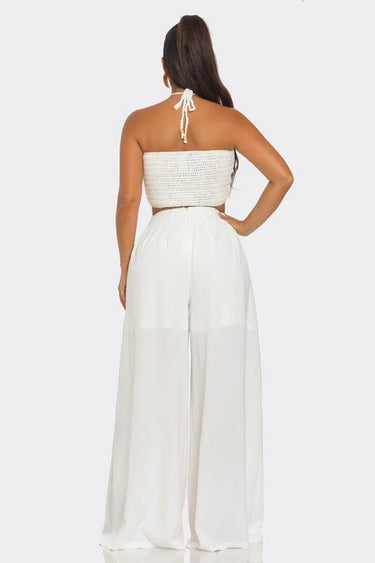 Sea Goddess 2PC Halter and Wide Leg Pant Set White close up of wide leg top design and fabric detail