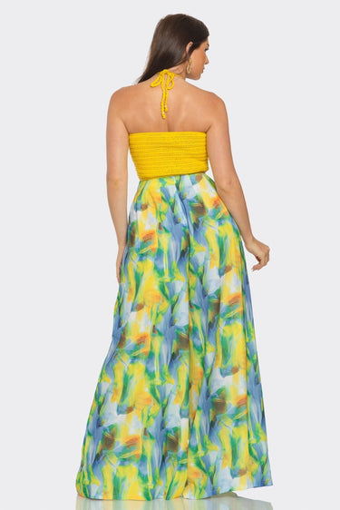 Sea Goddess 2PC Halter and Wide Leg Pant Set Yellow Multi - Palazzo Couture Online