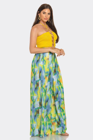 Elegant Yellow wide leg two piece pant set styled for going out