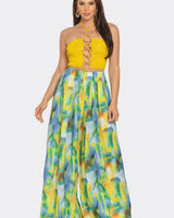 Sea Goddess 2PC Halter and Wide Leg Pant Set Yellow Multi close up of wide leg top design and fabric detail