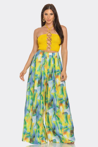 Sea Goddess 2PC Halter and Wide Leg Pant Set Yellow Multi close up of wide leg top design and fabric detail