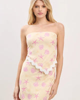 Seashell Muse Mermaid Skirt Set – Pale Yellow Two-Piece close up of matching top design and fabric