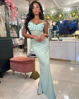 Seashell Muse Sculpted Maxi Dress - Sage showing sophisticated construction details