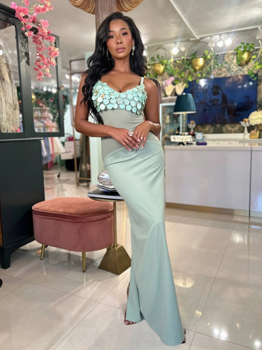 Seashell Muse Sculpted Maxi Dress - Sage showing sophisticated construction details