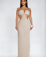 Seashell Siren Knit Maxi Dress - Natural close up detail of knit design and fabric