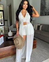Seaside Blossom Crochet Chiffon Shorts Set – White - women's resort wear and swimwear cover up