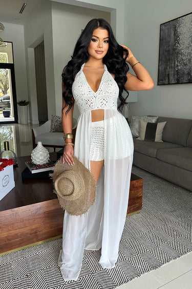Seaside Blossom Crochet Chiffon Shorts Set – White - women's resort wear and swimwear cover up
