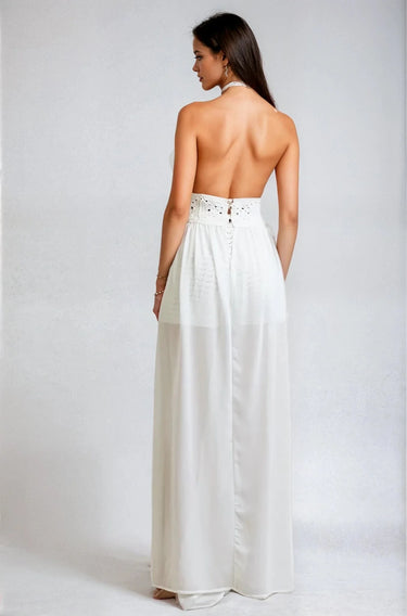 Seaside Blossom Crochet Chiffon Shorts Set – White - chic beach wear by Palazzo Couture