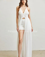 Seaside Blossom Crochet Chiffon Shorts Set – White - stylish beach and pool outfit