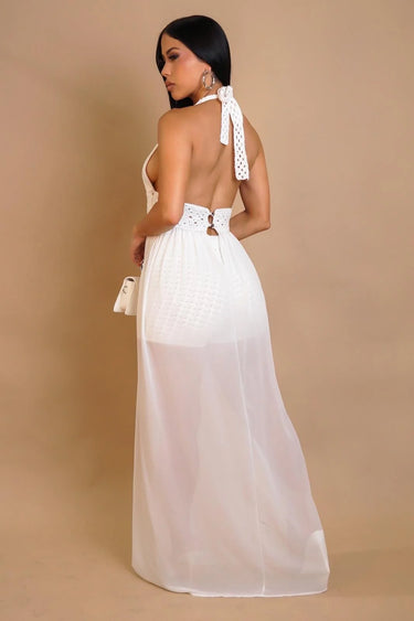 Seaside Blossom Crochet Chiffon Shorts Set – White - women's swimsuit cover up