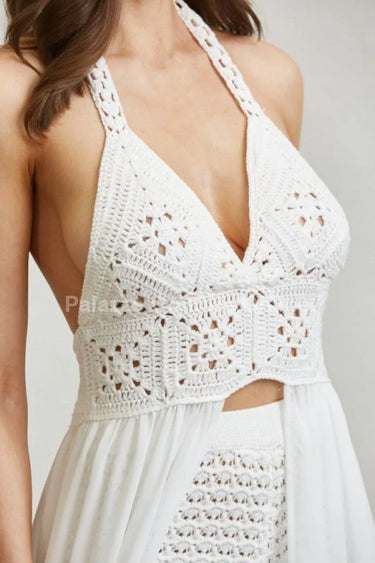 Seaside Blossom Crochet Chiffon Shorts Set – White - vacation cover up for women