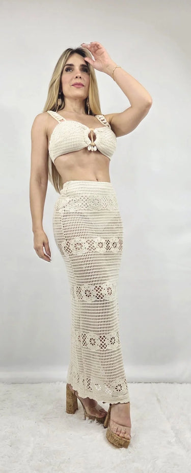 Women's Ivory skirt set crochet style back view