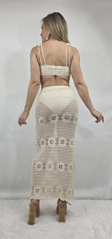 Seaside Charm Crochet 
Skirt Set (Ivory) side view showing skirt silhouette and fit