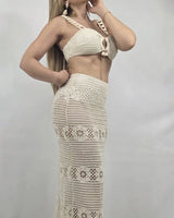 Seaside Charm Crochet 
Skirt Set (Ivory) close up of crochet top design and fabric