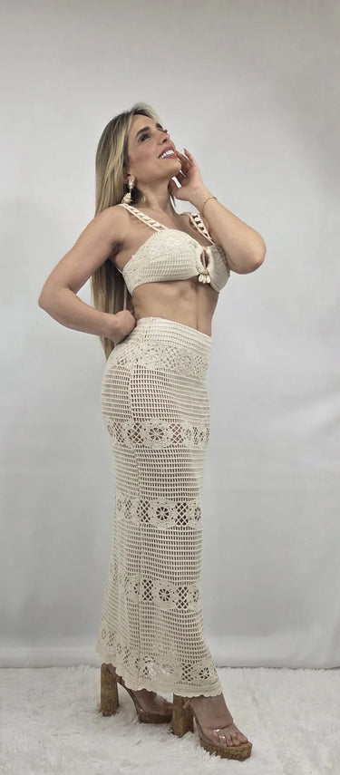Seaside Charm Crochet 
Skirt Set (Ivory) close up of crochet top design and fabric