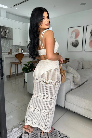 Seaside Charm Crochet 
Skirt Set (Ivory) full body look paired with heels and accessories