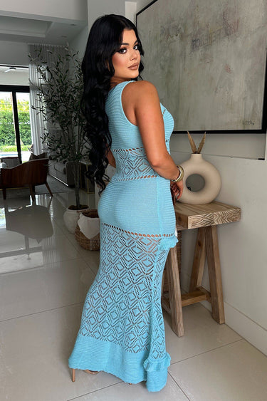 Seaside Serenity Crochet Maxi Dress - Baby Blue - Palazzo Couture Online