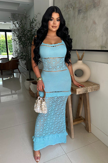 Seaside Serenity Crochet Maxi Dress - Baby Blue - Palazzo Couture Online