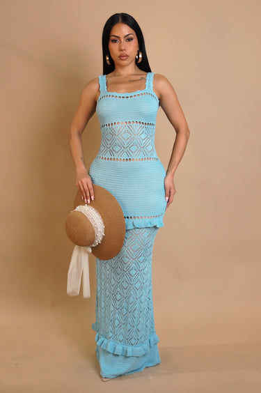 Seaside Serenity Crochet Maxi Dress - Baby Blue - Palazzo Couture Online